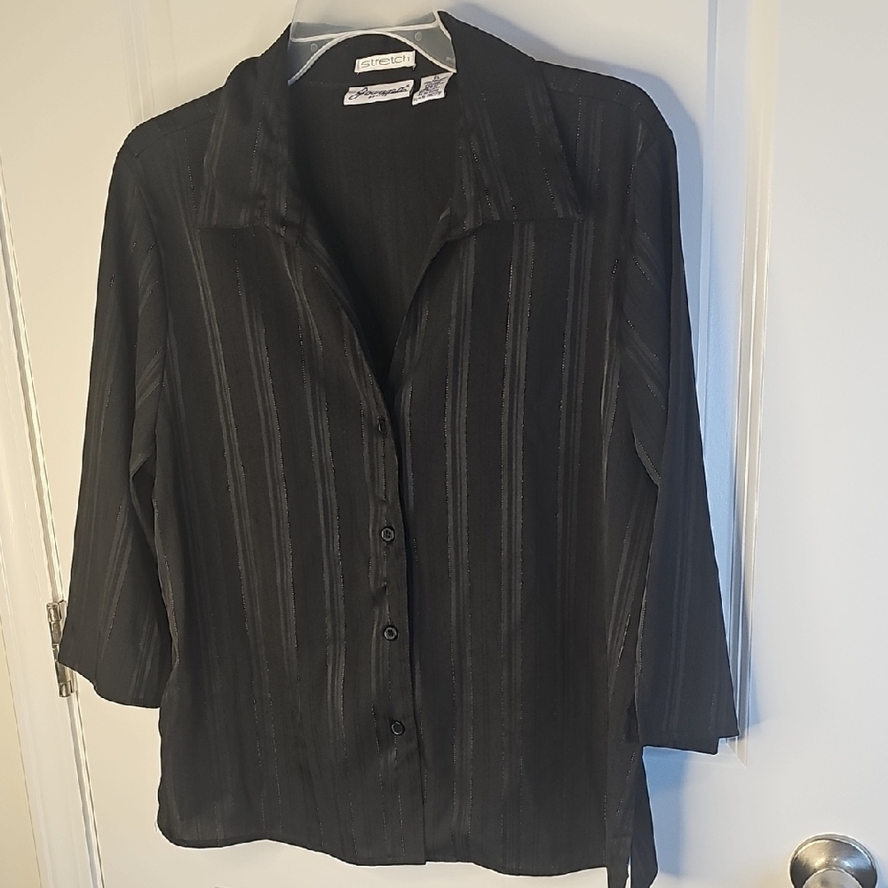 Joanna Women's‎ Elegant Black Striped Button-Down Shirt Size PL